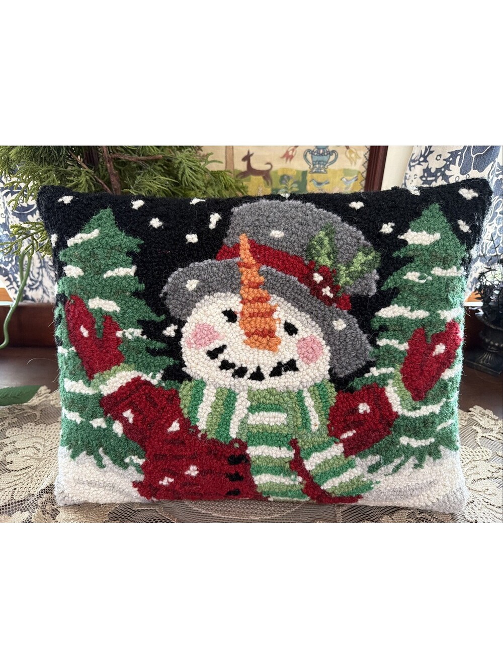 Christmas Winter Throw Pillow Hooked Wool Snowman Farm Country 16x12” Cottage